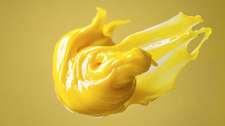 This image features a vivid swirl of yellow paint against a bright background, ideal for art and design projects. Its dynamic movement and rich color evoke creativity.の素材