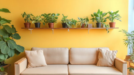 A cozy living room featuring a beige sofa against a bright yellow wall, adorned with various indoor plants on a shelf above. Ideal for home styling.の素材