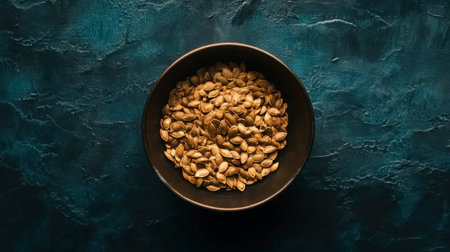 A close-up view of organic pumpkin seeds in a black bowl on a dark textured backdrop, showcasing their natural beauty and nutritional value in a healthy snack option.の素材