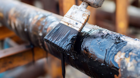 A closeup image showing a brush applying black paint on an industrial pipe. This photo illustrates maintenance work and the application of a protective coating.の素材