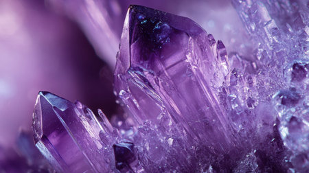 Stunning close-up image of vibrant purple amethyst crystals, showcasing intricate details and natural beauty, perfect for adding a touch of elegance to any project.の素材