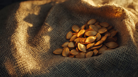 A close-up view of seeds nestled on a natural burlap fabric, illuminated by soft lighting. This image evokes themes of harvest, nature, and organic food preparation.の素材
