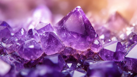 A stunning close-up view of intricate purple amethyst crystals showcasing their natural patterns and extraordinary shine, perfect for decorative or artistic use.の素材