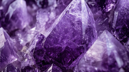 A stunning close-up of amethyst crystals showcasing their rich purple hues and unique facets. The natural beauty shines through the complex formations.の素材