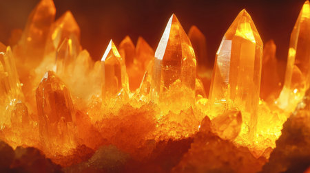 Stunning close-up of amber crystals sparkling in soft light, showcasing their unique formations and vibrant colors, perfect for nature and mineral enthusiasts.の素材
