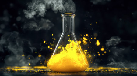 A vibrant yellow powder erupts from a glass flask, surrounded by swirling smoke and particles. This dynamic scene captures the essence of scientific exploration and experimentation.の素材