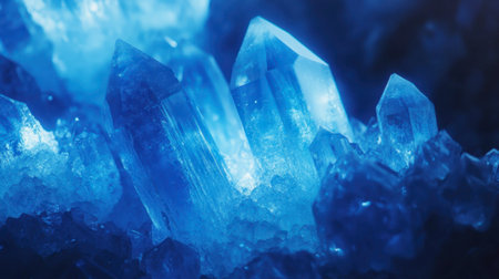 A stunning close-up of blue crystals highlighting their intricate details and shimmering light. This image conveys natural beauty and serenity, perfect for various creative projects.の素材
