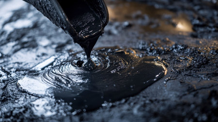 Close-up image of a black liquid being poured onto a dark surface, highlighting the texture and reflections. The scene captures the essence of industrial processes.の素材