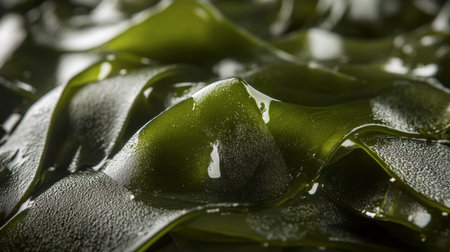 This close-up image showcases fresh green seaweed with a glossy texture, highlighted by natural light. The intricate details and water droplets evoke a sense of freshness and organic beauty.の素材