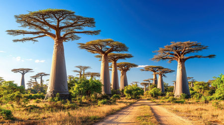 A stunning view of the iconic Avenue of Baobab trees in Madagascar, showcasing their unique shape and majestic presence against a vibrant blue sky.の素材