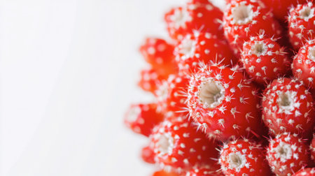 This macro shot captures vibrant red cacti, highlighting their unique texture and intricate details. Ideal for nature and botanical themes.の素材