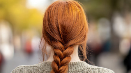 Close-up of red-haired girl braided hair, street photography capturing texture and detail from behindの素材