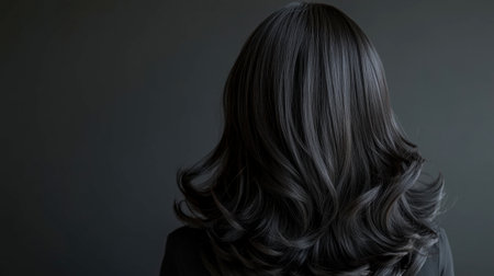 This elegant image showcases a back view of glossy black hair, perfectly styled with soft waves. The monochrome setting enhances the beauty and texture.の素材