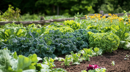A vibrant vegetable garden featuring lush kale and lettuce alongside colorful flowers. This image showcases healthy growth and sustainable gardening practices in a natural outdoor setting.の素材