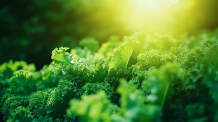 Close-up of vibrant curly green kale leaves growing in a lush garden, fresh and healthy under sunlightの素材