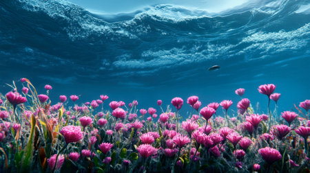 Pink 'Magic Carpet' flowers in full bloom, creating a vivid contrast against the deep blue ocean in Montereyの素材