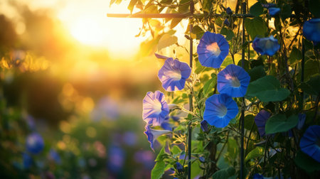 Morning glory vine with trumpet-shaped flowers climbing a garden trellis, bathed in golden sunrise lightの素材