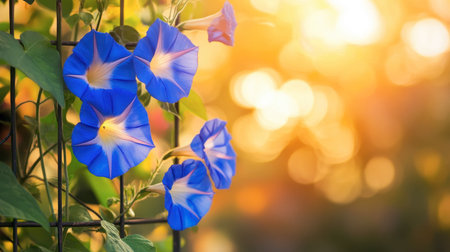 Morning glory vine with trumpet-shaped flowers climbing a garden trellis, bathed in golden sunrise lightの素材