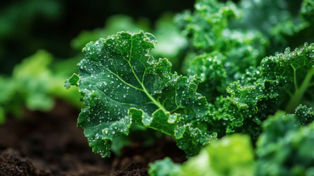 Close-up photo of fresh green kale leaves adorned with water droplets glistening in natural light, showcasing vibrant textures and healthy foliage.の素材