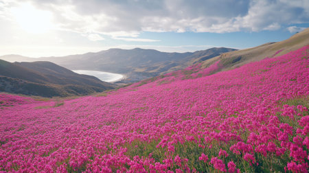 A stunning view of a vibrant pink flower field under a clear blue sky with mountains in the background. The scene captures the beauty of spring and nature's tranquility.の素材