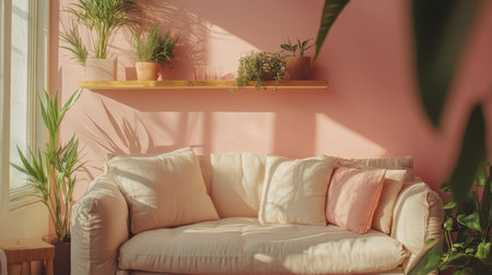 Bright and cozy living room featuring a soft white couch against a pink wall. Sunlight filters through, creating warm shadows and highlighting houseplants.の素材