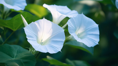 White morning glory flowers with a hint of blue, blooming against a soft-focus background of green leavesの素材