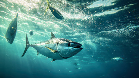 Underwater shot of a blackfin tuna darting through the ocean, chasing smaller fishの素材