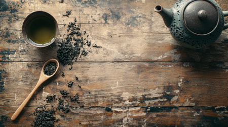 Top-down view of a calming green tea setup with a tea cup, wooden spoon, and scattered tea leaves on a rustic wooden tableの素材