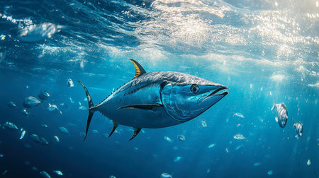 Underwater shot of a blackfin tuna darting through the ocean, chasing smaller fishの素材