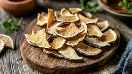 Traditional dried bael fruit slices on a wooden board, ready for herbal tea preparationの素材