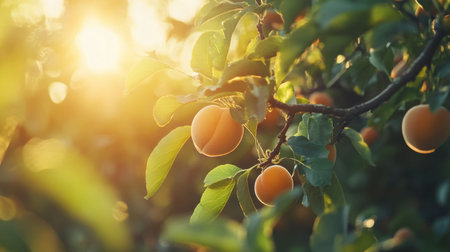 Sun-ripened apricots on a tree branch with green leaves, soft sunlight in the backgroundの素材