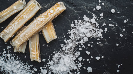 Top-down view of razor clams on a dark slate background, surrounded by coarse sea saltの素材