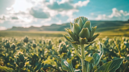 A close-up of an artichoke plant stands proudly amidst a green field under a bright blue sky, capturing the essence of agricultural beauty and natureの素材