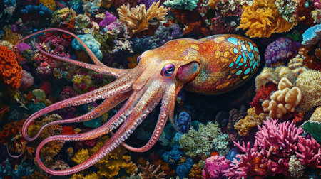 A captivating octopus gracefully navigates through a vibrant coral reef, showcasing its stunning colors and patterns. This image captures the essence of underwater life and biodiversity.の素材