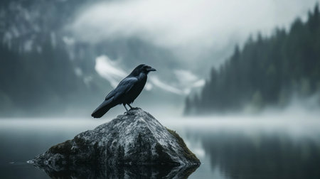 A solitary raven stands proudly on a rock in a misty lake, surrounded by lush forests and distant mountains. The serene atmosphere embodies tranquility and natural beauty.の素材