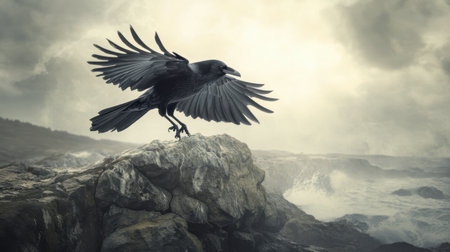 A striking black raven spreads its wings on rocky terrain, set against a dramatic stormy sky. The fierce ocean waves crash nearby, creating an intense atmosphere.の素材