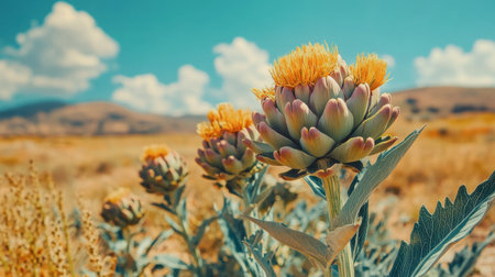 Close-up view of vibrant artichoke flowers basking in sunlight against a stunning blue sky. This image captures the beauty and tranquility of nature in a rural setting.の素材