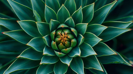 This stunning aerial view showcases a succulent plant with radiant green leaves forming a beautiful spiral pattern, evoking tranquility and natural beauty.の素材