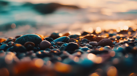 Colorful pebbles lie on a wet beach shore, illuminated by glowing sunset light. Gentle ocean waves lap against the stones, creating a tranquil scene that captivates.の素材
