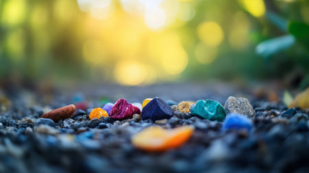 A close-up view of colorful stones scattered on a gravel path, illuminated by soft sunlight. This tranquil nature scene captures the beauty and diversity of earth tones in a serene outdoor setting.の素材