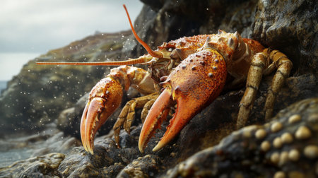 A stunning close-up image of a lobster set against a rocky shoreline, showcasing its vibrant colors and detailed features. The ocean provides a serene backdrop, highlighting this marine creature's natural habitat.の素材