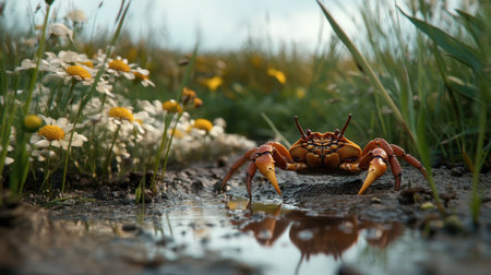 A striking colorful crab poses on a serene shoreline, surrounded by wildflowers and green grass. This image captures the intricate details of nature's beauty.の素材