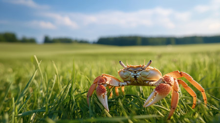 A vibrant crab crawls across a lush green field under a bright blue sky. This serene scene captures the essence of wildlife and nature in harmony.の素材
