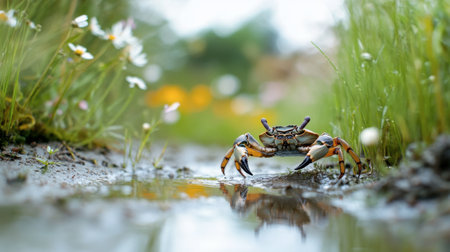 A close-up view of a crab walking along a shallow stream, surrounded by lush grass and colorful wildflowers, depicting a serene natural habitat.の素材