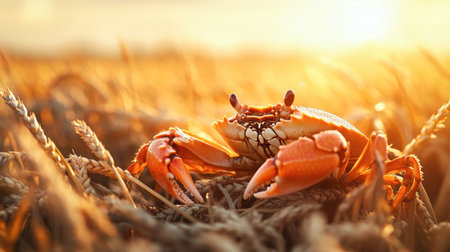 A vibrant crab rests amidst a golden wheat field during sunset. The scene captures the serenity of nature and highlights the beauty of agriculture and coastal life.の素材