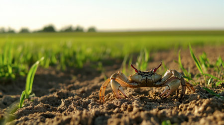 A solitary crab moves across the sandy ground, with lush green fields glowing in the background under warm sunset light. This image captures the tranquility of nature.の素材