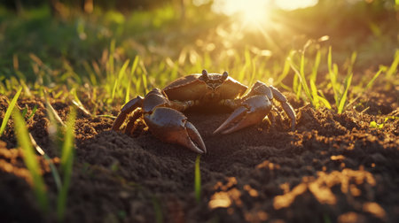 A close-up view of a crab positioned in its natural setting, basking in warm sunlight amidst green grass, showcasing the beauty of wildlife at sunset.の素材