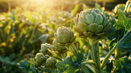 This image captures fresh green artichokes growing in a vibrant farm setting, illuminated by warm sunlight. A perfect representation of agricultural beauty and healthy produce.の素材