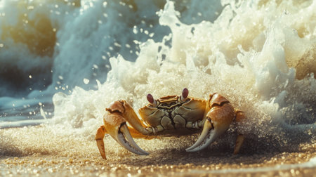A solitary crab navigates the sandy shoreline as waves crash around it. The dynamic scene showcases the beauty of coastal wildlife and the vibrant interaction with nature.の素材