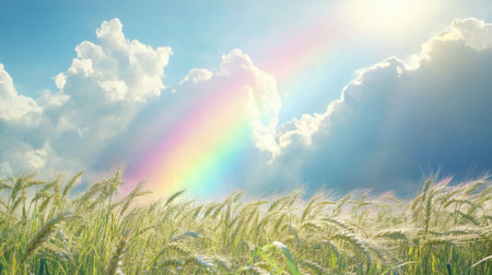 A serene scene featuring a wheat field illuminated by soft sunlight, with a vibrant rainbow arcing across a backdrop of fluffy clouds and blue sky.の素材